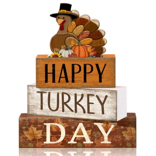 4 Pcs Fall Table Decor Wooden Signs Happy Turkey Day Blocks (Happy Turkey Day)