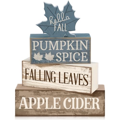 4 Pcs Fall Table Decoration Rustic Blue Maple Leaf Wooden Blocks (Blue Maple Leaves)