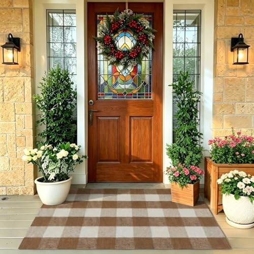 Fall Decor Buffalo Plaid Outdoor Rug 27.5x43 Coffee and White Front Door Mat (Coffee and White Plaid / 2'3" x 3'7" (Rectangular))