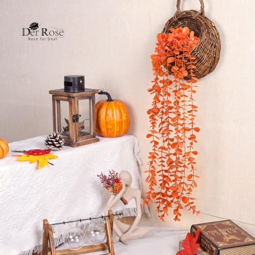 1Pcs Fake Fall Plants Hanging Orange Artificial Potted Faux Eucalyptus Plant Decorations for Fall Thanksgiving Bathroom Table Centerpiece Wall Kitchen Room Decor Indoor and Outdoor (Orange)