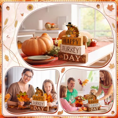 4 Pcs Fall Table Decor Wooden Signs Happy Turkey Day Blocks (Happy Turkey Day)