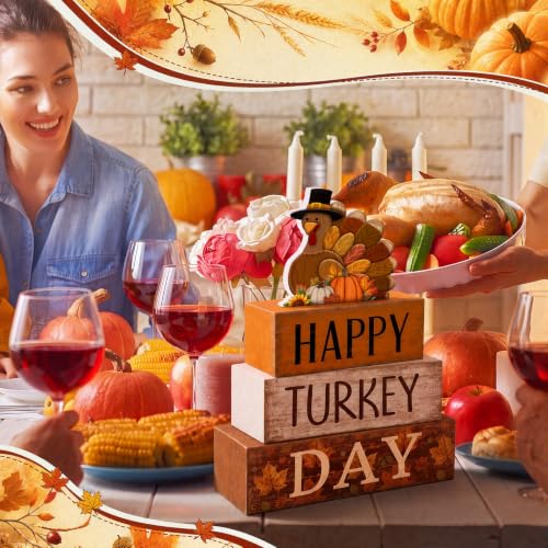4 Pcs Fall Table Decor Wooden Signs Happy Turkey Day Blocks (Happy Turkey Day)