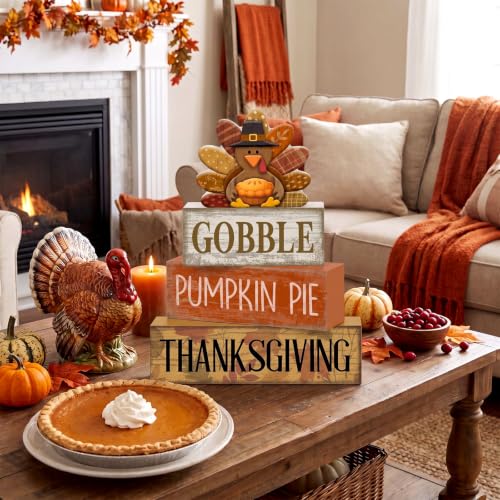 4 Pcs Fall Decorations For Home Wooden Thanksgiving Turkey Decor (Gobble Thanksgiving)