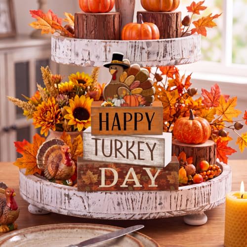 4 Pcs Fall Table Decor Wooden Signs Happy Turkey Day Blocks (Happy Turkey Day)
