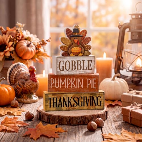 4 Pcs Fall Decorations For Home Wooden Thanksgiving Turkey Decor (Gobble Thanksgiving)
