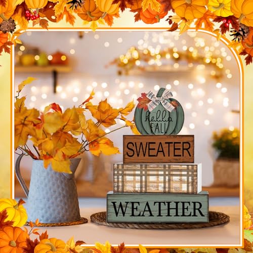 4 Pcs Fall Table Decor Neutral Sage Green Pumpkin Wooden Sign (Pumpkin)