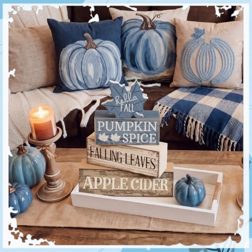 4 Pcs Fall Table Decoration Rustic Blue Maple Leaf Wooden Blocks (Blue Maple Leaves)
