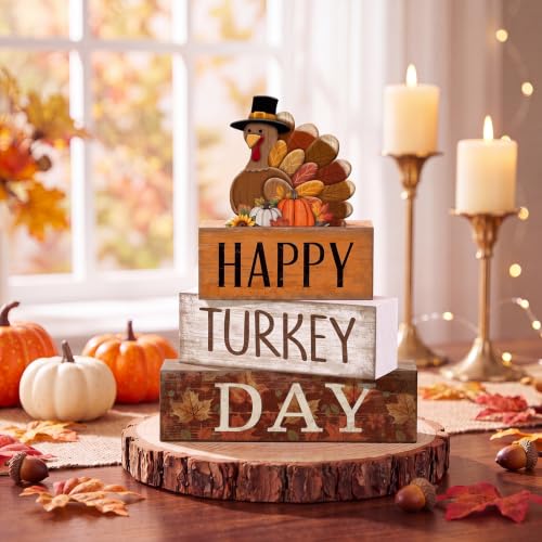 4 Pcs Fall Table Decor Wooden Signs Happy Turkey Day Blocks (Happy Turkey Day)
