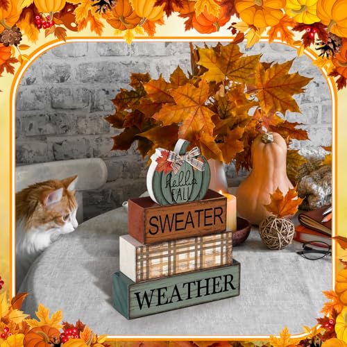 4 Pcs Fall Table Decor Neutral Sage Green Pumpkin Wooden Sign (Pumpkin)