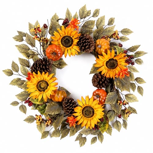 20" Fall Wreath Front Door Pumpkin Sunflower Pine Cones Wall Decor (Brown / 20'')