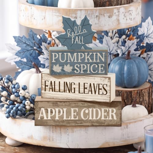 4 Pcs Fall Table Decoration Rustic Blue Maple Leaf Wooden Blocks (Blue Maple Leaves)
