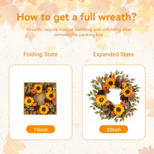 20" Fall Wreath Front Door Pumpkin Sunflower Pine Cones Wall Decor (Brown / 20'')
