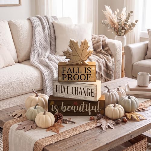 4 Pcs Fall Table Decoration for Home Wooden Neutral Maple Leaf (Fall is Proof That Change is Beautiful)
