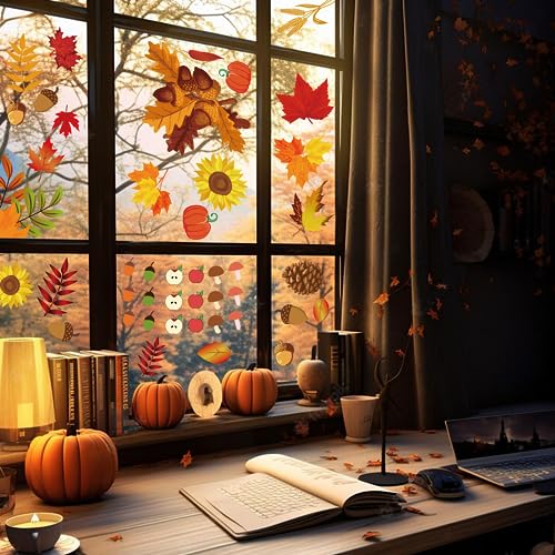 Fall Window Clings Set - Thanksgiving Autumn Leaves & Pumpkin Decals
