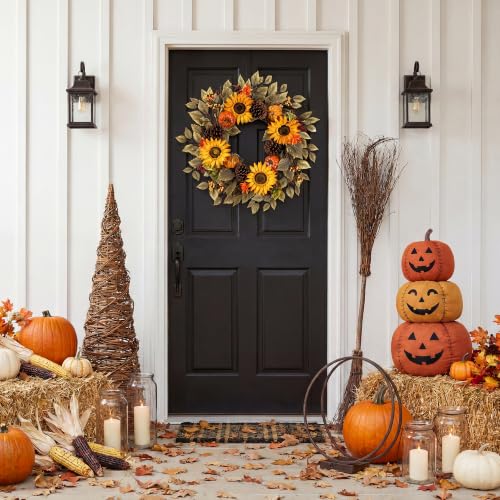 20" Fall Wreath Front Door Pumpkin Sunflower Pine Cones Wall Decor (Brown / 20'')