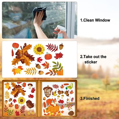 Fall Window Clings Set - Thanksgiving Autumn Leaves & Pumpkin Decals