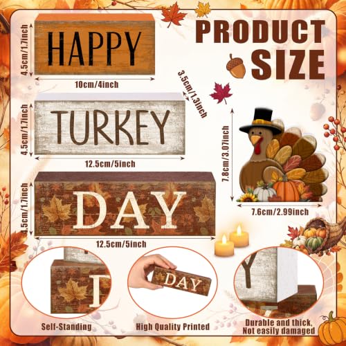 4 Pcs Fall Table Decor Wooden Signs Happy Turkey Day Blocks (Happy Turkey Day)