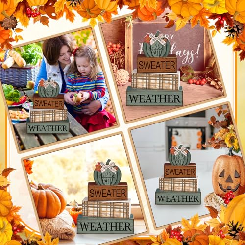 4 Pcs Fall Table Decor Neutral Sage Green Pumpkin Wooden Sign (Pumpkin)
