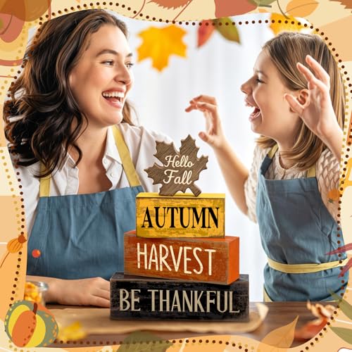 4 Pcs Fall Decor Wooden Maple Leaf Thanksgiving Tiered Tray Decor (Harvest)