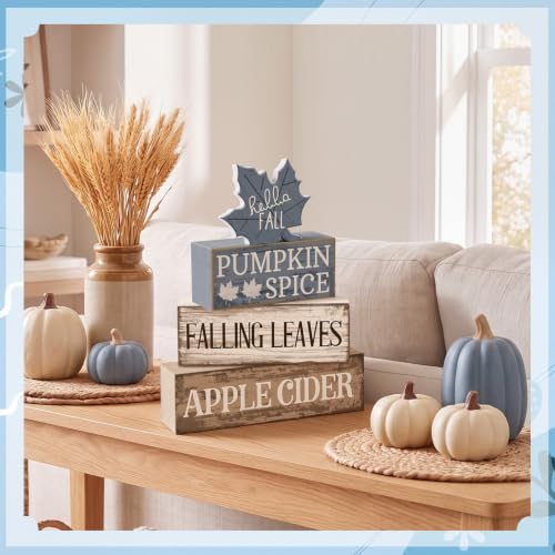 4 Pcs Fall Table Decoration Rustic Blue Maple Leaf Wooden Blocks (Blue Maple Leaves)