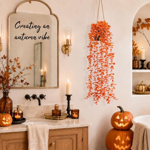 1Pcs Fake Fall Plants Hanging Orange Artificial Potted Faux Eucalyptus Plant Decorations for Fall Thanksgiving Bathroom Table Centerpiece Wall Kitchen Room Decor Indoor and Outdoor (Orange)