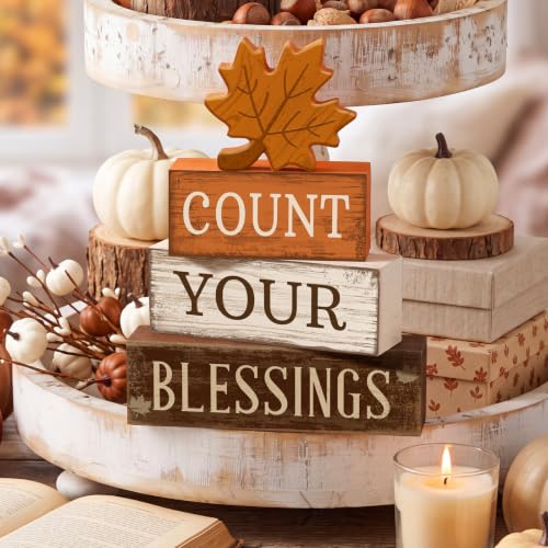 4 Pcs Fall Table Decoration Rustic Maple Leaf Stacked Wooden Blocks (Count Your Blessings)