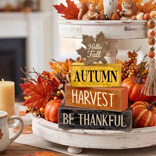 4 Pcs Fall Decor Wooden Maple Leaf Thanksgiving Tiered Tray Decor (Harvest)