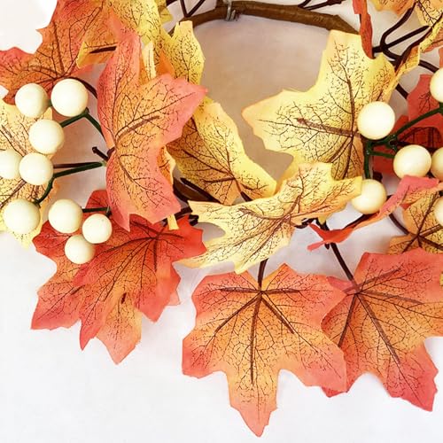 9.8-Inch Autumn Maple Leaf Candle Ring Wreath for Thanksgiving Decor