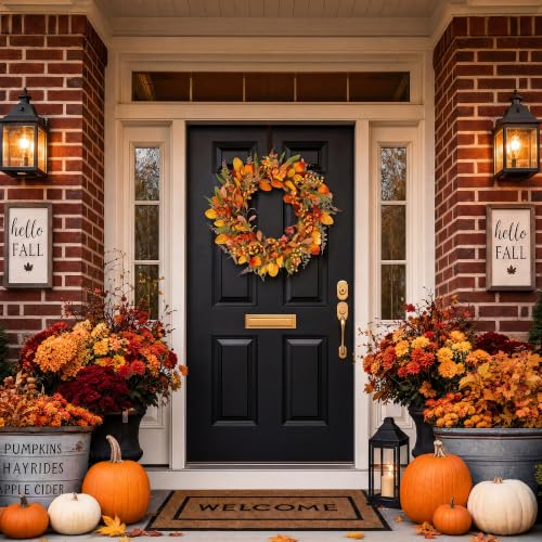 22" Fall Wreath for Front Door Pumpkin Artificial Wall Decor Autumn (Beige / 22'')