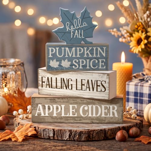 4 Pcs Fall Table Decoration Rustic Blue Maple Leaf Wooden Blocks (Blue Maple Leaves)