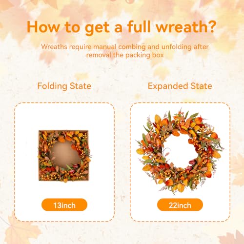 22" Fall Wreath for Front Door Pumpkin Artificial Wall Decor Autumn (Beige / 22'')