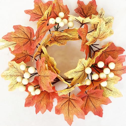 9.8-Inch Autumn Maple Leaf Candle Ring Wreath for Thanksgiving Decor