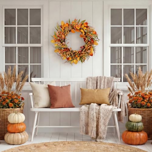 22" Fall Wreath for Front Door Pumpkin Artificial Wall Decor Autumn (Beige / 22'')