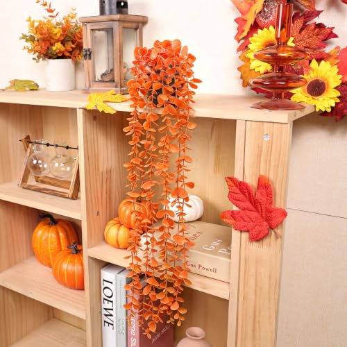 1Pcs Fake Fall Plants Hanging Orange Artificial Potted Faux Eucalyptus Plant Decorations for Fall Thanksgiving Bathroom Table Centerpiece Wall Kitchen Room Decor Indoor and Outdoor (Orange)
