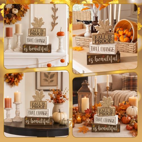 4 Pcs Fall Table Decoration for Home Wooden Neutral Maple Leaf (Fall is Proof That Change is Beautiful)