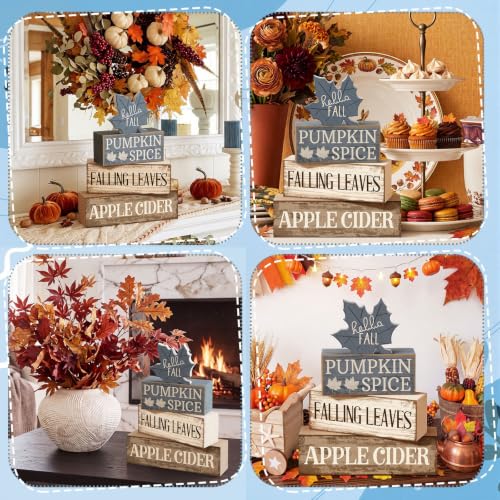 4 Pcs Fall Table Decoration Rustic Blue Maple Leaf Wooden Blocks (Blue Maple Leaves)