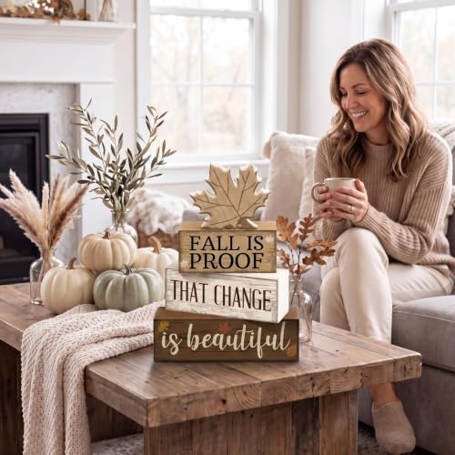 4 Pcs Fall Table Decoration for Home Wooden Neutral Maple Leaf (Fall is Proof That Change is Beautiful)