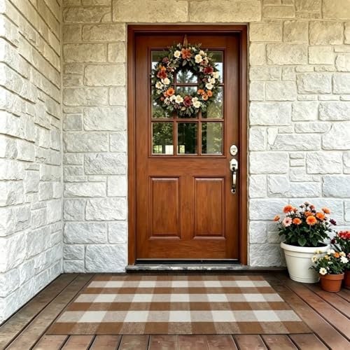 Fall Decor Buffalo Plaid Outdoor Rug 27.5x43 Coffee and White Front Door Mat (Coffee and White Plaid / 2'3" x 3'7" (Rectangular))