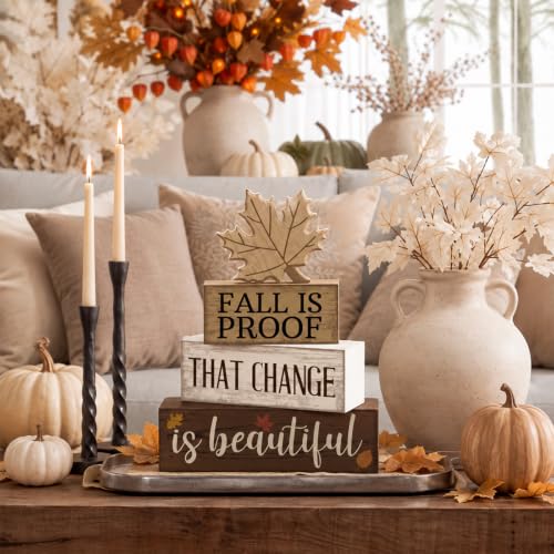 4 Pcs Fall Table Decoration for Home Wooden Neutral Maple Leaf (Fall is Proof That Change is Beautiful)