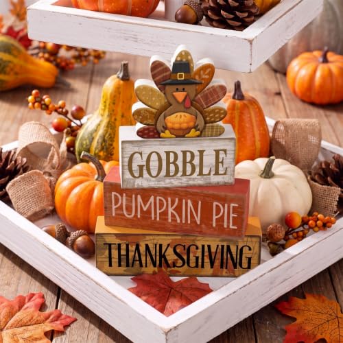 4 Pcs Fall Decorations For Home Wooden Thanksgiving Turkey Decor (Gobble Thanksgiving)