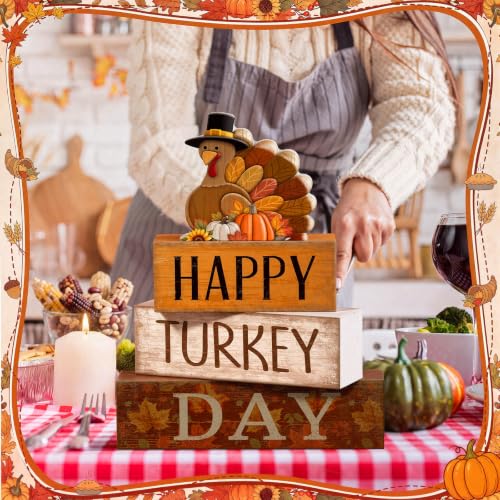 4 Pcs Fall Table Decor Wooden Signs Happy Turkey Day Blocks (Happy Turkey Day)