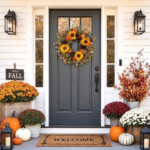 20" Fall Wreath Front Door Pumpkin Sunflower Pine Cones Wall Decor (Brown / 20'')
