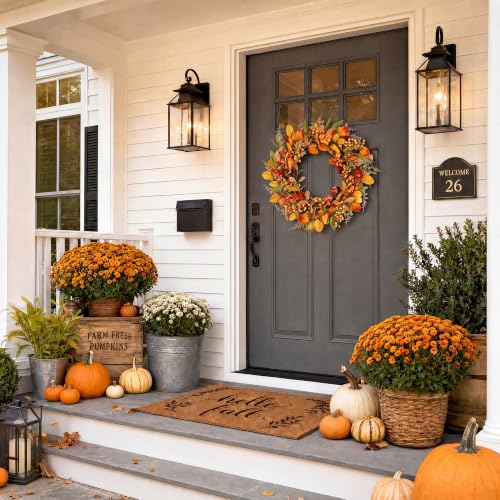 22" Fall Wreath for Front Door Pumpkin Artificial Wall Decor Autumn (Beige / 22'')