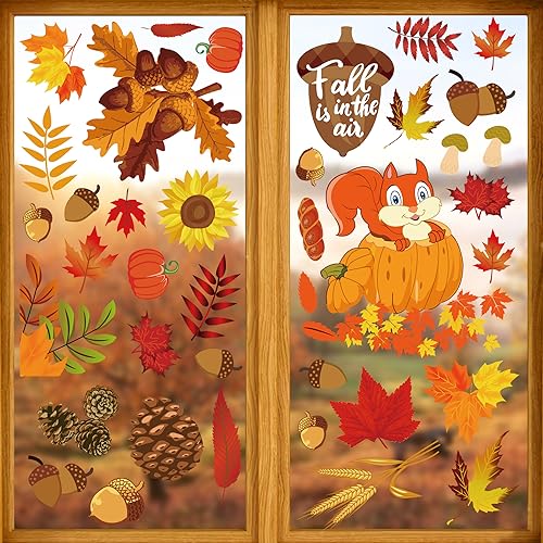Fall Window Clings Set - Thanksgiving Autumn Leaves & Pumpkin Decals