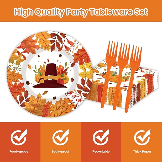 80pcs Thanksgiving Paper Plates and Napkins Forks Fall Dinner Cake Plates Autumn Leaves Pumpkin Party Decorations for Fall Thanksgiving Holiday Wedding Birthday,Serves 20