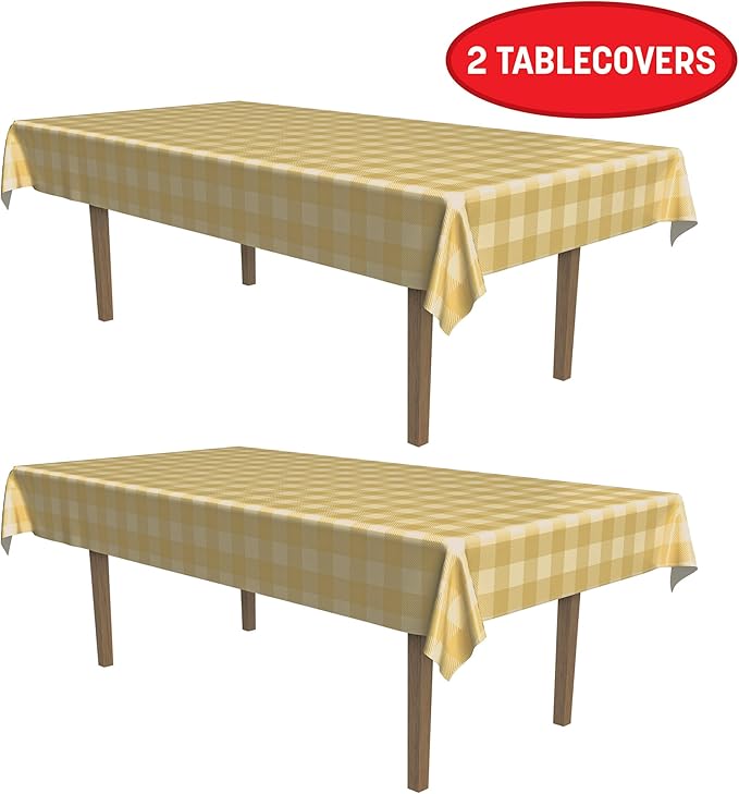 Beistle Plaid Tablecovers, 2 Pack– Plastic Rectangular Disposable Tablecloth, Beige and Tan Farmhouse Table Décor for Fall Picnics and Parties and Rustic Thanksgivings, 54” x 108”
