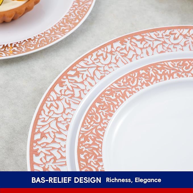 150 Count Rose Gold Dinnerware Set, Elegant Disposable Include: 25 Gold Lace Plastic Plates, 25 Dessert Plates, 25 Forks, 25 Knives, 25 Spoons, 25 Cups for Party, Thanksgiving