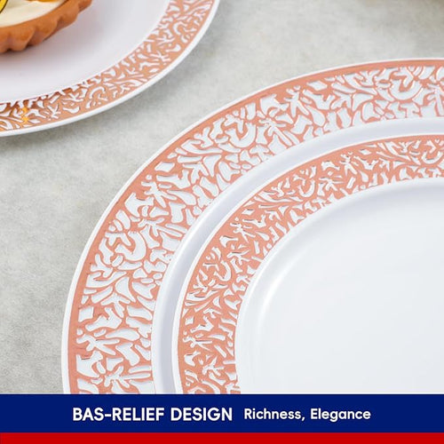 150 Count Rose Gold Dinnerware Set, Elegant Disposable Include: 25 Gold Lace Plastic Plates, 25 Dessert Plates, 25 Forks, 25 Knives, 25 Spoons, 25 Cups for Party, Thanksgiving