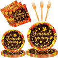96 Pieces Friendsgiving Tableware Set Party Supplies - Fall Thanksgiving Pattern Disposable Dinnerware with Paper Plates, Napkins, Forks for Autumn Harvest, and Friendsgiving Dinner BBQ Picnic Favors
