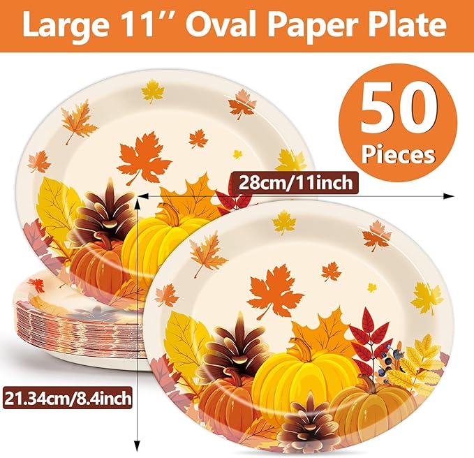 50 PCS Thanksgiving Oval Paper Plates Large 11” Disposable Thanksgiving Fall Party Decorations Heavy Duty Fall Maple Leaves Pumpkin Dessert Plates Supplies for Thanksgiving Autumn Party Tableware Set